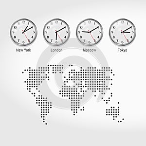 World Time Zones Clocks. Current Time in Famous Cities. Local Time Around the World. Dotted Map of the World. Vector Art