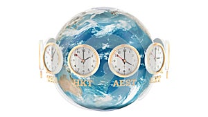 World Timezone concept. The rotating Earth and the clocks rotating around, 3D rendering