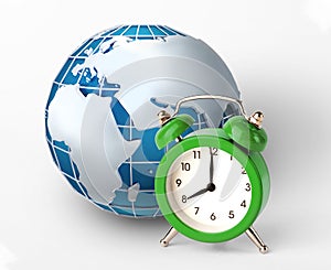 World timezones concept. Green alarm clock and world globe on white background, collage