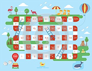 World tour board game template,Funny frame, ladders game,Vector illustrations.