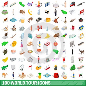 100 world tour icons set, isometric 3d style