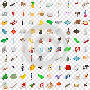 100 world tour icons set, isometric 3d style