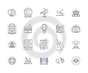 World tour outline icons collection. Travel, Globe, Journey, Circumnavigate, Vacation, Trip, Expedition vector and