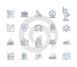 World tour outline icons collection. Travel, Globe, Journey, Circumnavigate, Vacation, Trip, Expedition vector and