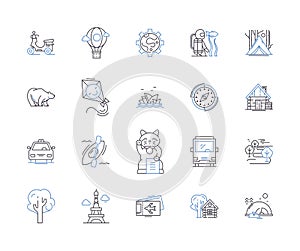 World tour outline icons collection. Travel, Globe, Journey, Circumnavigate, Vacation, Trip, Expedition vector and