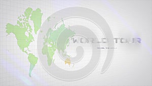 World tour text animation with world map over off white background