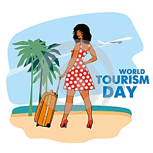 World Tourism Day. Girl with a travel suitcase on the tropical coast. Pop art character