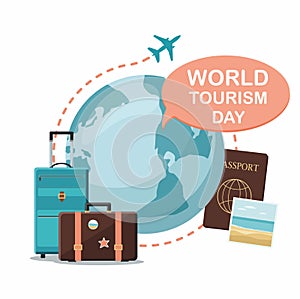 World Tourism day lettering celebration with earth planet and suitcases.