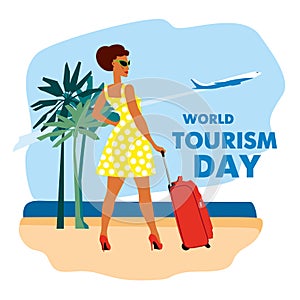 World Tourism Day. Pop art girl with travel suitcase on the tropical coast