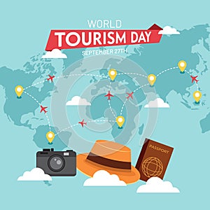 World Tourism Day September 27th with travel maps and hat camera passport travel gears illustration on isolated background