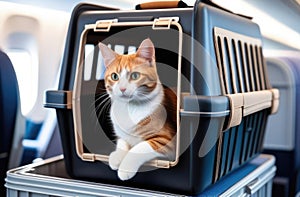 world Tourism Day, transportation of pets in transport, traveling with pets, a cat on a plane, a striped red cat in
