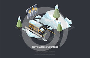 World Tourism And Travel Across Country. Snowy Bus In Mountains Parked On Parking. Help in choosing best route, parking