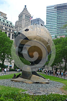 The World Trade Center Sphere damaged by the events of September 11 placed in Battery Park