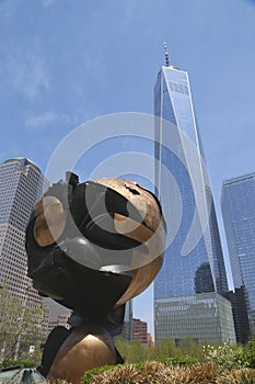 The World Trade Center Sphere damaged by the events of September 11 placed in Liberty Park