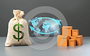 World trade in goods and products. Dollar and boxes with arrows and world map.