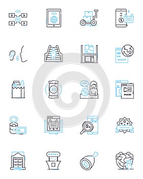 World trade linear icons set. Exports, Imports, Tariffs, Globalization, Mercantilism, Balance, Embargos line vector and