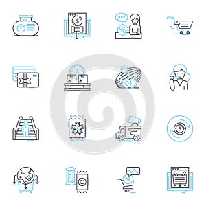 World trade linear icons set. Exports, Imports, Tariffs, Globalization, Mercantilism, Balance, Embargos line vector and