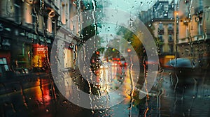 A world transformed by a dreary defocused downpour blurred buildings shiny streets and swaying trees. Amidst it all the