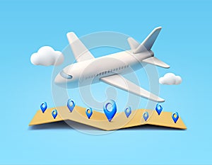 World transportation banner template with 3d world map, pin marker icons, flying airplane, clouds. Travel, hotel and