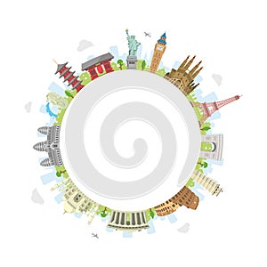 World travel circular vector illustration  world famous buildings / world heritage  / Blank text space in the center