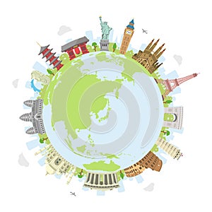 World travel circular vector illustration  world famous buildings / world heritage  / earth