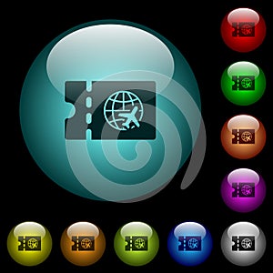 World travel discount coupon icons in color illuminated glass buttons
