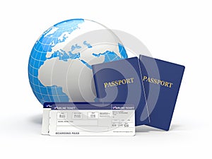 World travel. Earth, airline tickets and passport. 3d