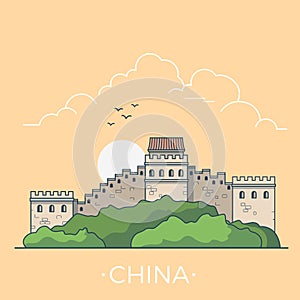 World travel in Great Wall China Linear Flat vecto