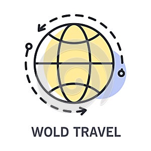 World travel icon with round globe and arrows for routes