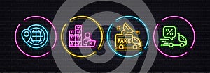 World travel, Inventory and Fake news minimal line icons. For web application, printing. Neon laser 3d lights. Vector