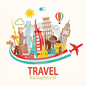 World travel, landmarks silhouettes icons set