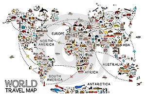 World Travel Line Icons Map. Travel Poster with animals and sightseeing attractions.