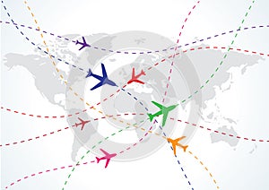 World travel map with airplanes