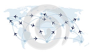 World travel map with airplanes, flight routes and pins marker. Vector illustration