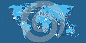 World travel map with airplanes. Flight routes with red pins marker and dotted direction.