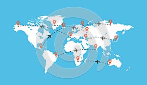 World travel map with airplanes illustration. Earth map with aircraft trace. Airplane flight paths.