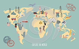 World travel map. Hand drawn cartoon doodle poster with stmps. Flat style Illustration.