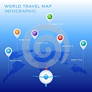 World travel map infographic template, color icons as data visualization. World map infographic vector template, color icons as