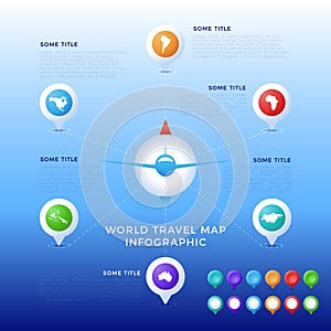 World travel map infographic template, color icons as data visualization. World map infographic vector template, color icons as