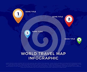 World travel map infographic template, color icons as data visualization. World map infographic vector template, color icons as