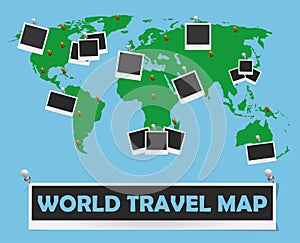 World travel map with photo frames and pins. Journey concept design