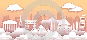 World travel monuments. Tourism landscape. Paper cut panorama. Famous culture heritage. City skyline origami. Sky clouds