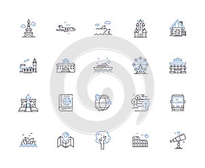 World travel outline icons collection. tourism, journey, trips, explorer, expeditions, wanderlust, cruises vector and