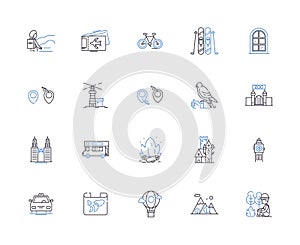 World travel outline icons collection. tourism, journey, trips, explorer, expeditions, wanderlust, cruises vector and