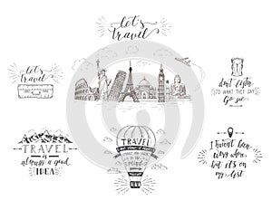 World travel , sights and transport. Set of tourism banners with hand-lettering quotes.