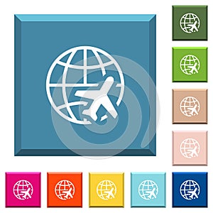 World travel white icons on edged square buttons