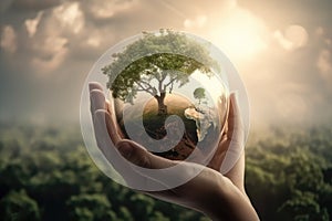 World and tree in human hand on nature background.