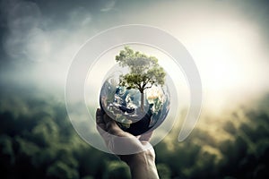 World and tree in human hand on nature background.