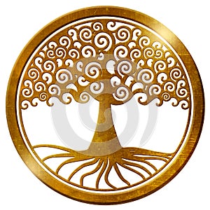 World tree life tree wheel gold medallion pendant