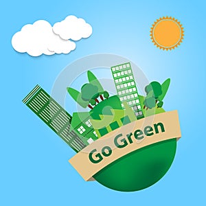 World with trees city and factory building on go green banner sk